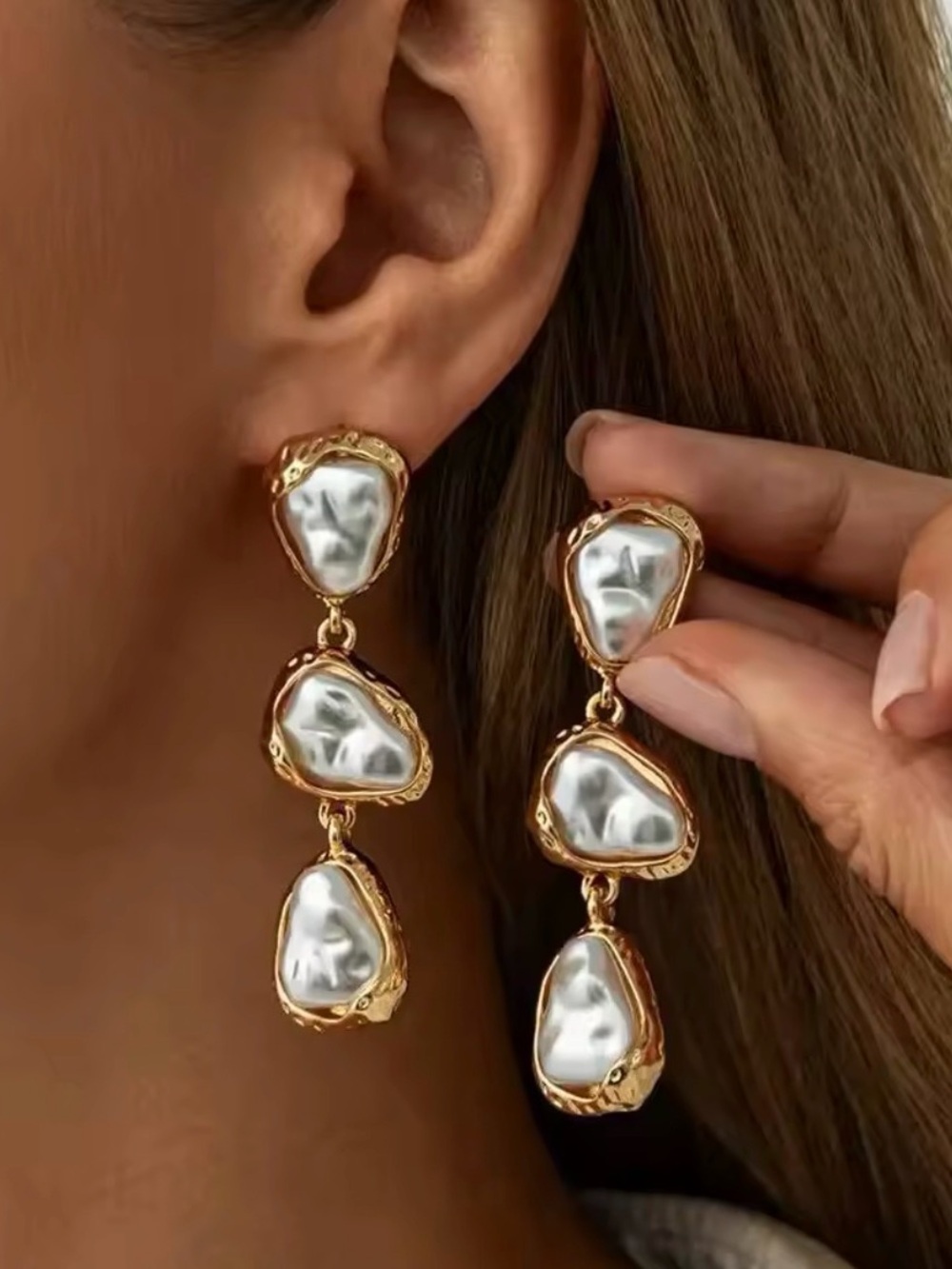 Gold-Tone Triple White Baroque Pearl Drop Earrings